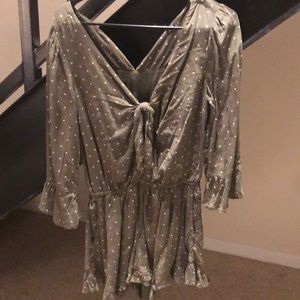 Olive and white polka dot romper